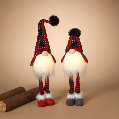 GIL Lighted Plush Red and Black Plaid Holiday Standing Gnomes, Battery Operated, Set of 2