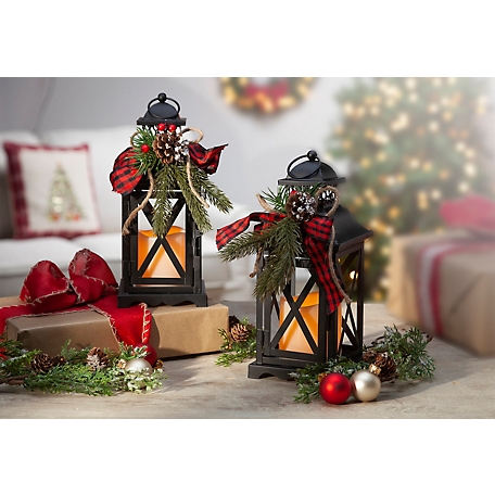 GIL Metal Holiday Lanterns with Candle and Floral Accents, Set of 2