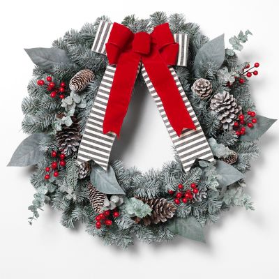 Image showing  24 in. Snowy Pine Christmas Wreath with Red Berries Cone and Red Bow