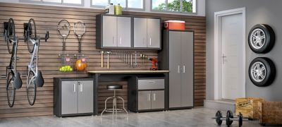 Image showing 6 th Manhattan Comfort 74.8 in. Fortress Textured Metal Garage Cabinet with 4 Adjustable Shelves, Gray