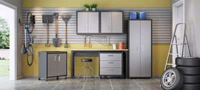 Image showing 7 th Manhattan Comfort 74.8 in. Fortress Textured Metal Garage Cabinet with 4 Adjustable Shelves, Gray