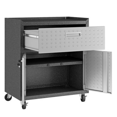 Image showing 6 th Manhattan Comfort 31.5 in. Fortress Textured Metal Garage Mobile Cabinet with 1 Drawer and 2 Adjustable Shelves, Gray