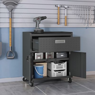 Image showing  31.5 in. Fortress Metal Garage Mobile Cabinet with 1 Full Extension Drawer and 2 Adjustable Shelves, Charcoal
