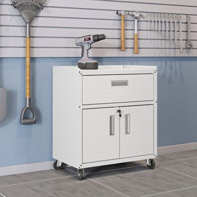Image showing  31.5 in. Fortress Metal Garage Mobile Cabinet with 1 Full Extension Drawer and 2 Adjustable Shelves, White