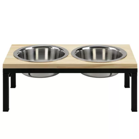 Double Raised Pet Dining Room with Retriever Wooden Tray 2 Quart Natural Double Diners