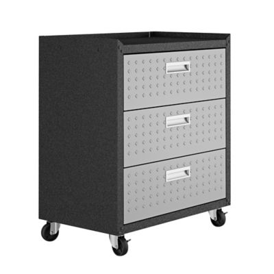 Image showing 6 th Manhattan Comfort 31.5 in. Fortress Textured Metal Garage Mobile Chest with 3 Full Extension Drawers, Gray