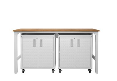 Manhattan Comfort 3 pc. Fortress Mobile Space-Saving Steel Garage Cabinet and Worktable 1.0, White, 14GMC-WH