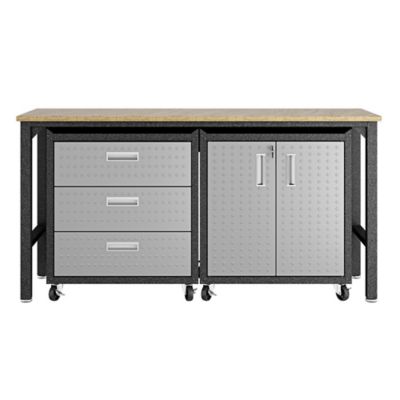 Manhattan Comfort 3 pc. Fortress Mobile Space-Saving Steel Garage Cabinet and Worktable 3.0, Gray, 16GMC