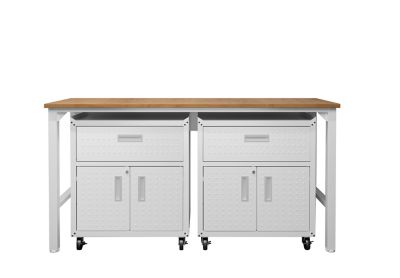 Manhattan Comfort 3 pc. Fortress Mobile Space-Saving Steel Garage Cabinet and Worktable 4.0, White, 17GMC-WH