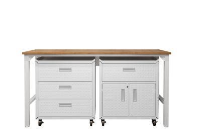 Manhattan Comfort 3 pc. Fortress Mobile Space-Saving Steel Garage Cabinet and Worktable 5.0, White, 18GMC-WH