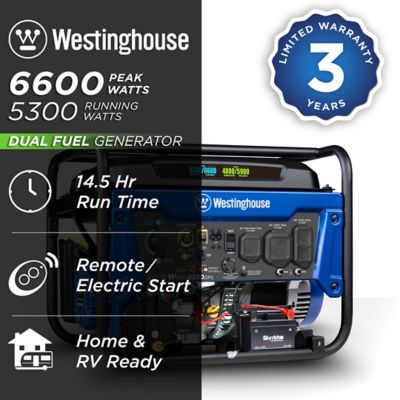 Image showing  6,600/5,300-Watt Dual-Fuel 6600 Home Backup Watt Portable Generator, Remote Electric Start, CO Sensor