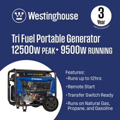 Image showing  12,500/9,500-Watt Tri-Fuel Portable Generator, CO Sensor, Gas/Propane/Natural Gas