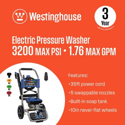 Image showing  3,200 Max PSI 1.76 GPM Electric Cold Water Pressure Washer with 5 Nozzles and Soap Tank