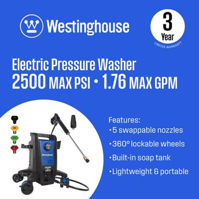 Image showing  2,500 Max PSI 1.76 GPM Electric Cold Water Pressure Washer with Soap Tank and 5 Nozzles
