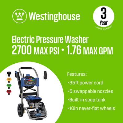 Image showing  2,700 Max PSI 1.76 GPM Electric Cold Water Pressure Washer with 5 Nozzles and Soap Tank