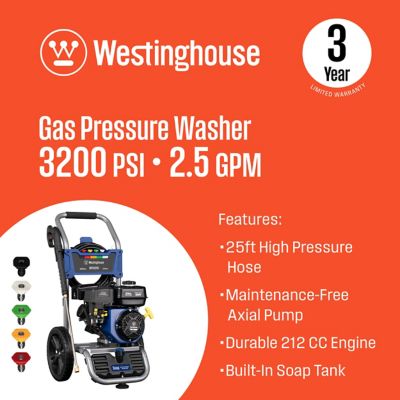 Image showing  3,200 PSI 2.5 GPM Gas Cold Water Pressure Washer with 5 Nozzles and Soap Tank