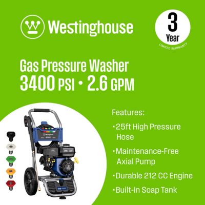 Image showing  3,400 PSI 2.6 GPM Gas Cold Water Pressure Washer with 5 Nozzles & Soap Tank