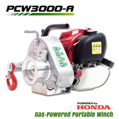 Portable Winch PCW3000-A: Gas-Powered 1,600 lb Portable Winch with Accessories. Equipped with Honda GX35 engine.
