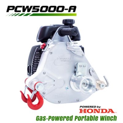 Portable Winch PCW5000-A: Gas-Powered 2,200 lb Portable Winch with Accessories. Equipped with Honda GXH50 engine.