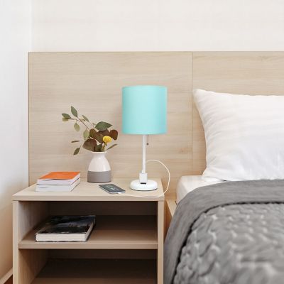 Creekwood Home Contemporary Bedside Power Outlet Base Standard Metal Table Desk Lamp with Drum Fabric Shade