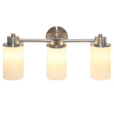 Image showing  Three Light Metal and Opaque Glass Shade Vanity Uplight Downlight Wall Mounted Fixture with Round Backplate