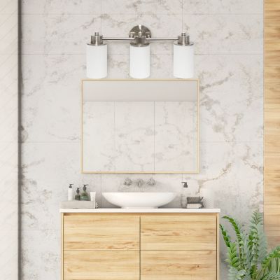 Image showing  Three Light Metal and Opaque Glass Shade Vanity Uplight Downlight Wall Mounted Fixture with Round Backplate