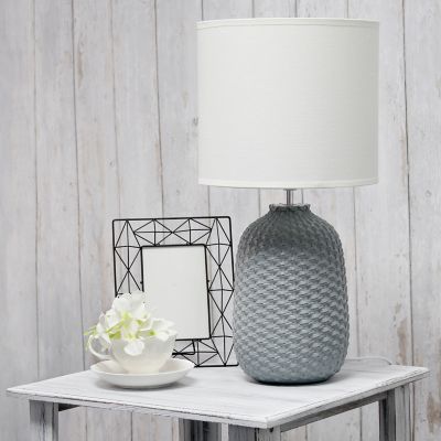 Image showing  Traditional Ceramic Purled Texture Bedside Table Desk Lamp with Fabric Drum Shade