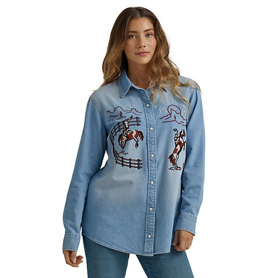 Wrangler Women's Embroidered Boyfriend Denim Snap-Front Wrangler Women's Embroidered Boyfriend Denim Snap-Front