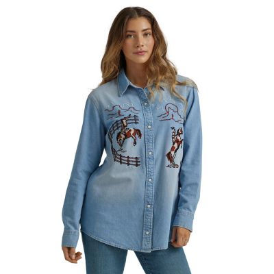 Wrangler Women's Embroidered Boyfriend Denim Snap-Front Shirt