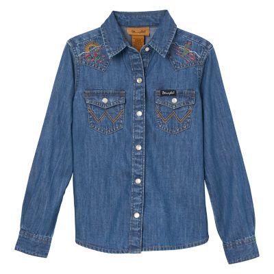 Wrangler Girl's Long Sleeve Embroidered Western Snap Shirt