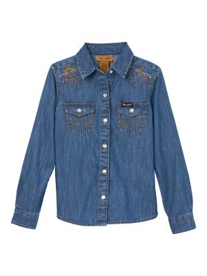 Wrangler Girl's Long Sleeve Embroidered Western Snap Shirt