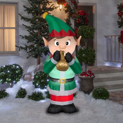 Image showing  9.84 in. Animated Airblown Mixed Media Elf Playing Trumpet Inflatable Christmas Decoration
