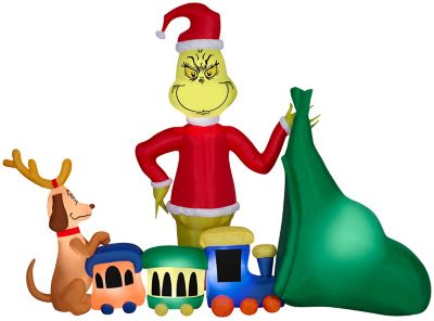 Gemmy Airblown-Grinch Putting Train in Santa Sack-Large Scene-Dr. Seuss