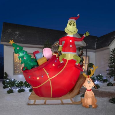 Image showing 1 th Gemmy Airblown-Grinch and Max in Sleigh-Colossal Scene-Dr. Seuss