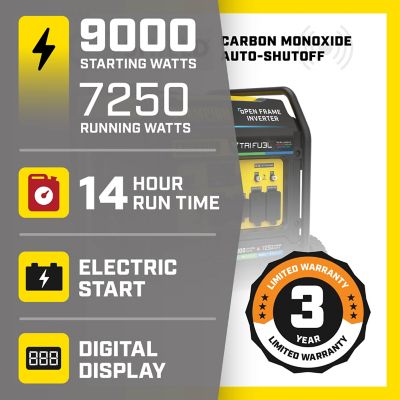 Image showing  9,000/7,250-Watt Tri-Fuel Open Frame Inverter Generator, CO Shield