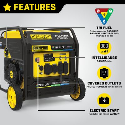 Image showing  9,000/7,250-Watt Tri-Fuel Open Frame Inverter Generator, CO Shield