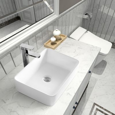 Image showing  Matte Stone Composite 19 in. Rectangular Ceramic Bathroom Vanity Vessel Sink, Scratch Resistant, White