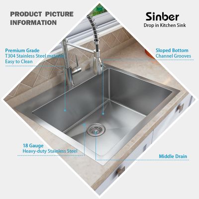 Image showing  25 in. Drop-In Single Bowl 9 in. Deep 18-Gauge 304 Stainless Steel Kitchen Sink, HT2522S-S-9R