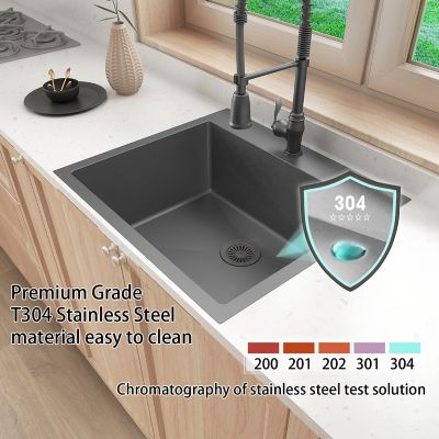 Image showing  25 in. Drop in Single Bowl 9 in. Deep 18-Gauge Black 304 Stainless Steel Kitchen Sink, HT2522S-BR
