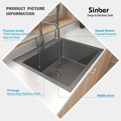 Image showing  25 in. Drop in Single Bowl 9 in. Deep 18-Gauge Black 304 Stainless Steel Kitchen Sink, HT2522S-BR