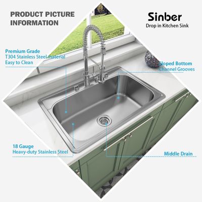 Image showing  33 in. Drop-In Single Bowl 9 in. Deep 18-Gauge 304 Stainless Steel Kitchen Sink, MT3322CR