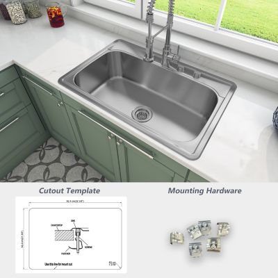Image showing 7 th Sinber 33 in. Drop-In Single Bowl 9 in. Deep 18-Gauge 304 Stainless Steel Kitchen Sink, MT3322CR