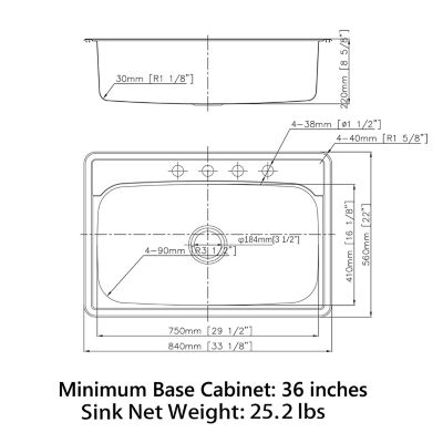 Image showing 8 th Sinber 33 in. Drop-In Single Bowl 9 in. Deep 18-Gauge 304 Stainless Steel Kitchen Sink, MT3322CR