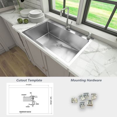Image showing 7 th Sinber 33 in. Drop-In Single Bowl 9 in. Deep 18-Gauge 304 Stainless Steel Kitchen Sink, HT3322S-S-9R