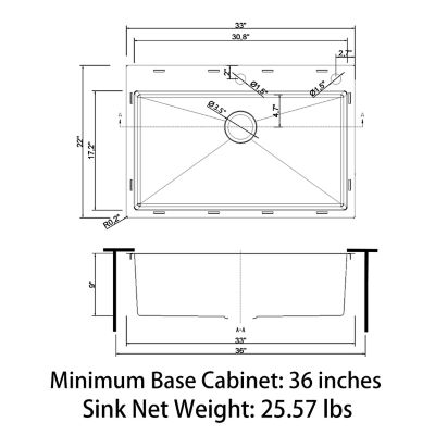 Image showing 8 th Sinber 33 in. Drop-In Single Bowl 9 in. Deep 18-Gauge 304 Stainless Steel Kitchen Sink, HT3322S-S-9R