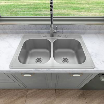 Image showing  33 in. Drop-In Double Bowl 9 in. Deep 304 Stainless Steel 18-Gauge Kitchen Sink