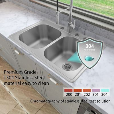 Image showing  33 in. Drop-In Double Bowl 9 in. Deep 304 Stainless Steel 18-Gauge Kitchen Sink