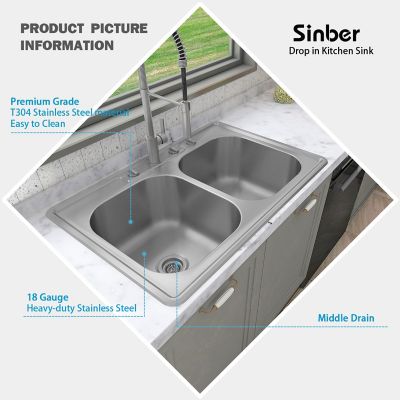 Image showing  33 in. Drop-In Double Bowl 9 in. Deep 304 Stainless Steel 18-Gauge Kitchen Sink