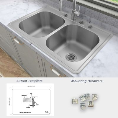 Image showing 7 th Sinber 33 in. Drop-In Double Bowl 9 in. Deep 304 Stainless Steel 18-Gauge Kitchen Sink