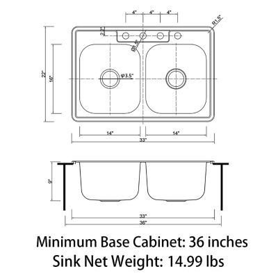 Image showing 8 th Sinber 33 in. Drop-In Double Bowl 9 in. Deep 304 Stainless Steel 18-Gauge Kitchen Sink